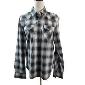 American Eagle Outfitters Slim Fit Blue Gray White Plaid Western Shirt Size M